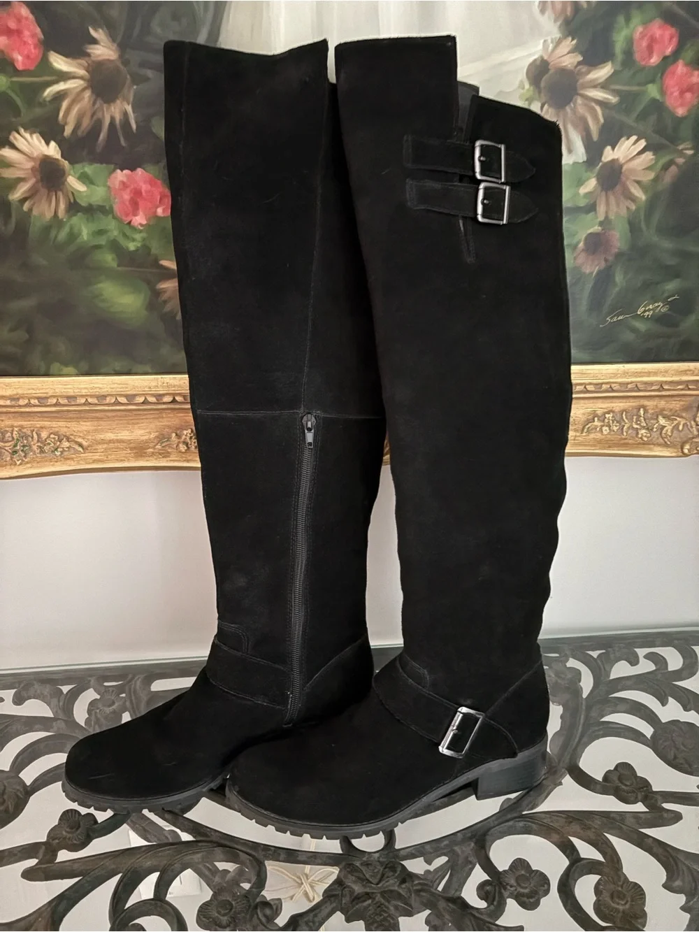 Black Over-the-Knee Suede Boots with Buckle Accents